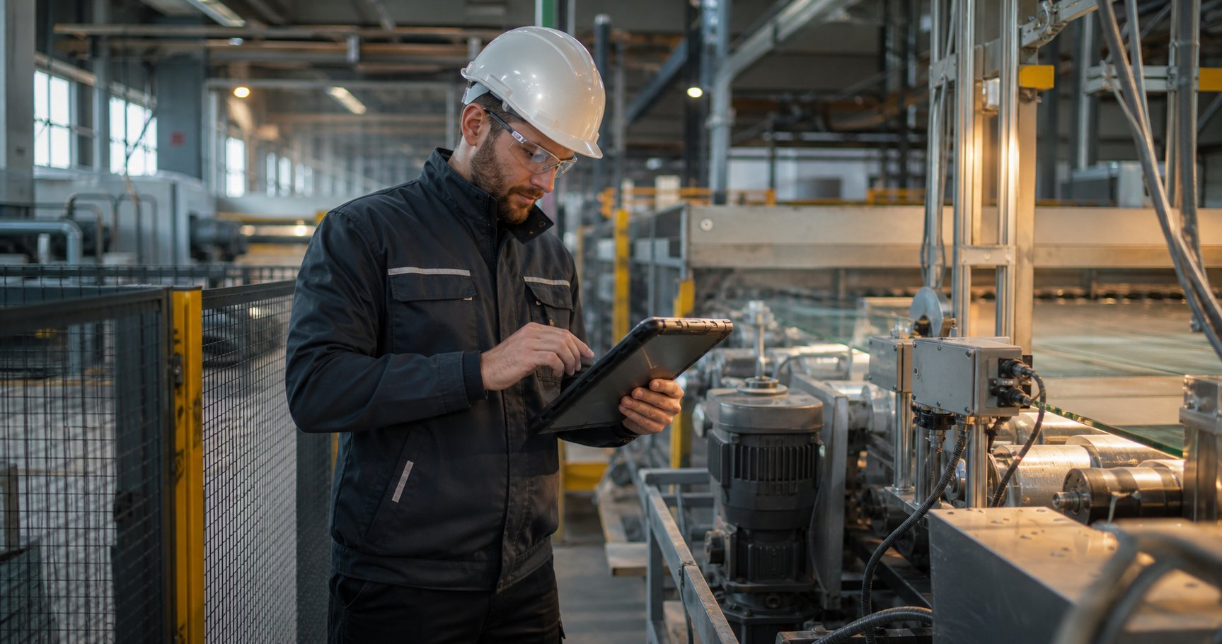 Field service technician inspecting sensors and motors in an industrial plant